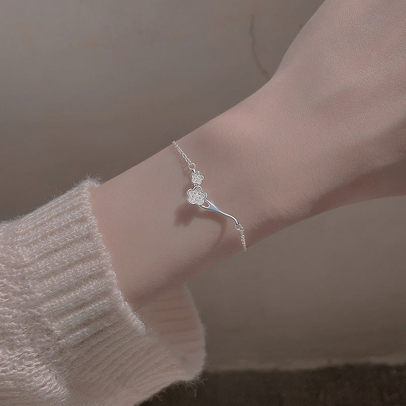 Fresh Peach Blossom Branch Female Special Interest Light Luxury Sier Bracelets