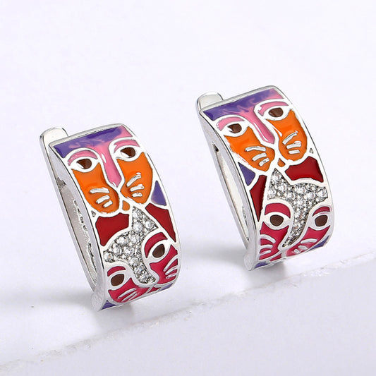 Women's Colorful Cartoon Cat Face Unique Handmade Doodle Stud Earrings