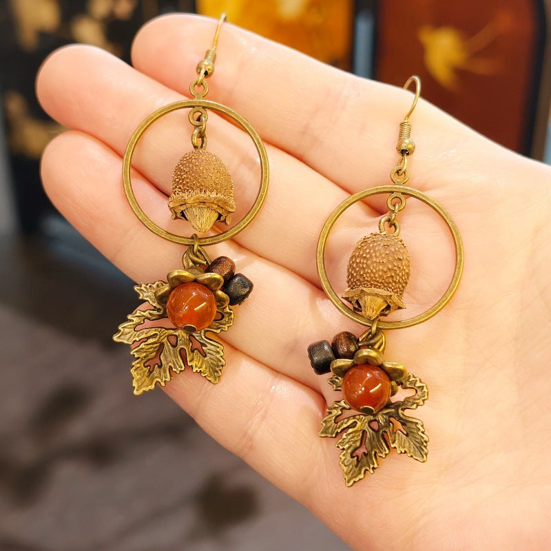 Palace Niche Exotic Plant Dried Fruit Maple Leaf Dangling Earrings