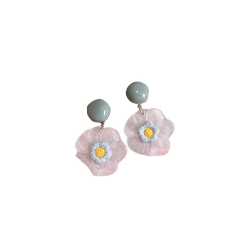 Women's Small Pink Flower Frosted Resin Knitted Oil Painting Style Earrings