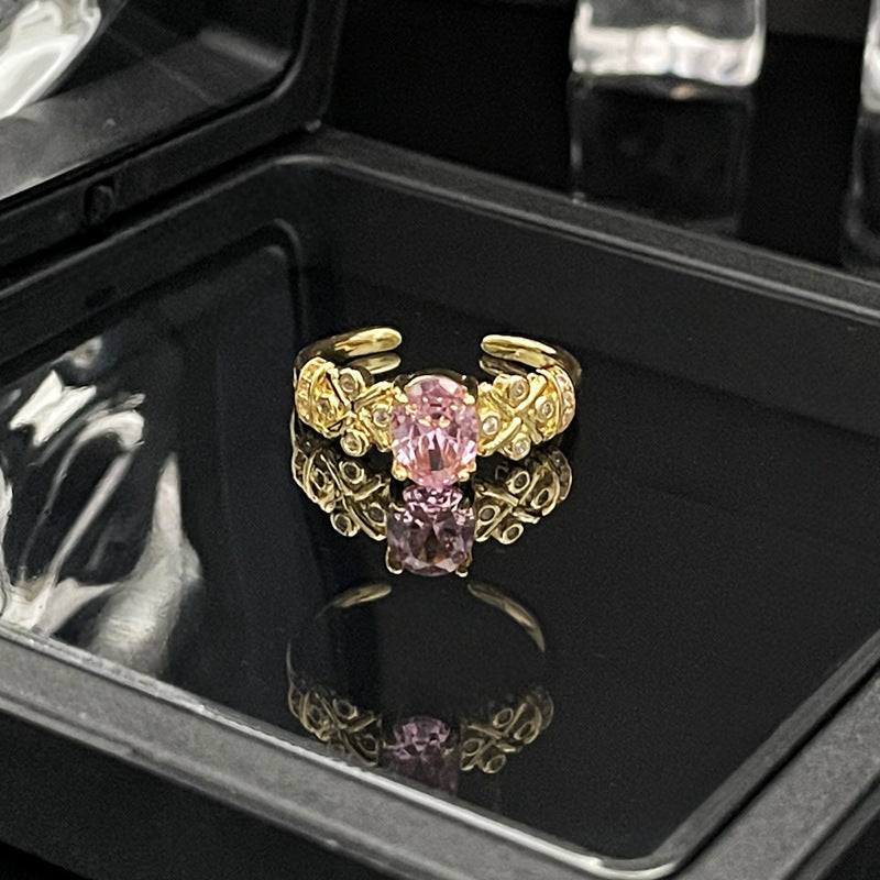 French Retro Court Gold Pink Diamond Open Female Rings