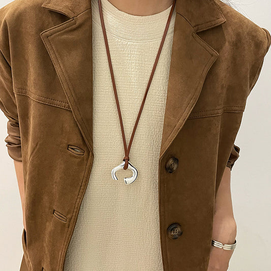 Brown Leather String Abstract Human Body Sier Sweater Necklaces