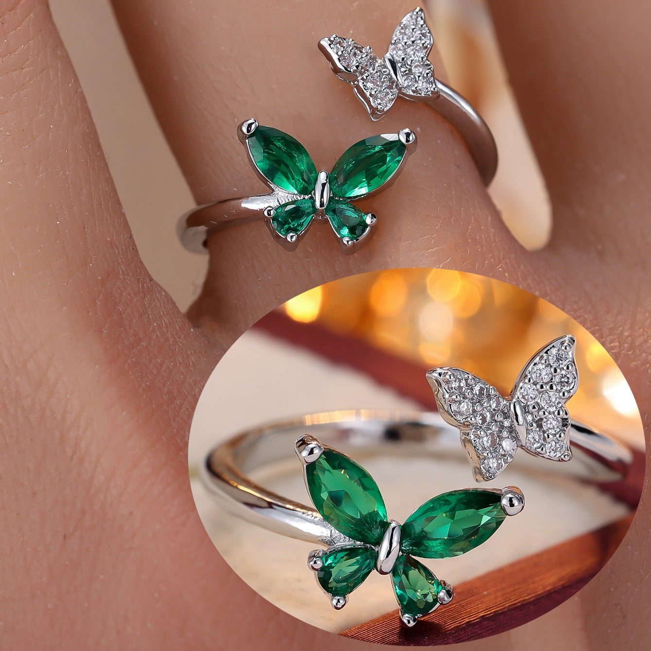 Inlaid Zirconium Double Butterfly Open Light Luxury Minority Design Fashion Rings