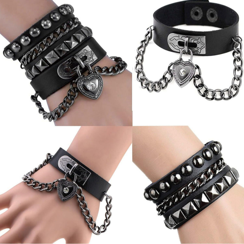 Punk Heart-shaped Lock Chain Combination Rivet Gothic Bracelet