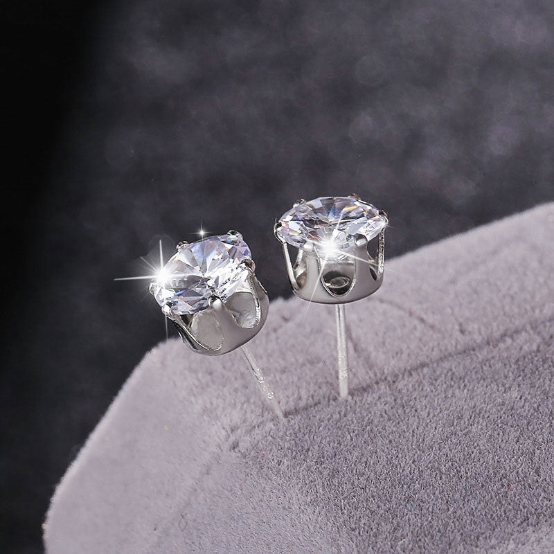 Ear Female Simple Sier Needle Flash Diamond Small Earrings