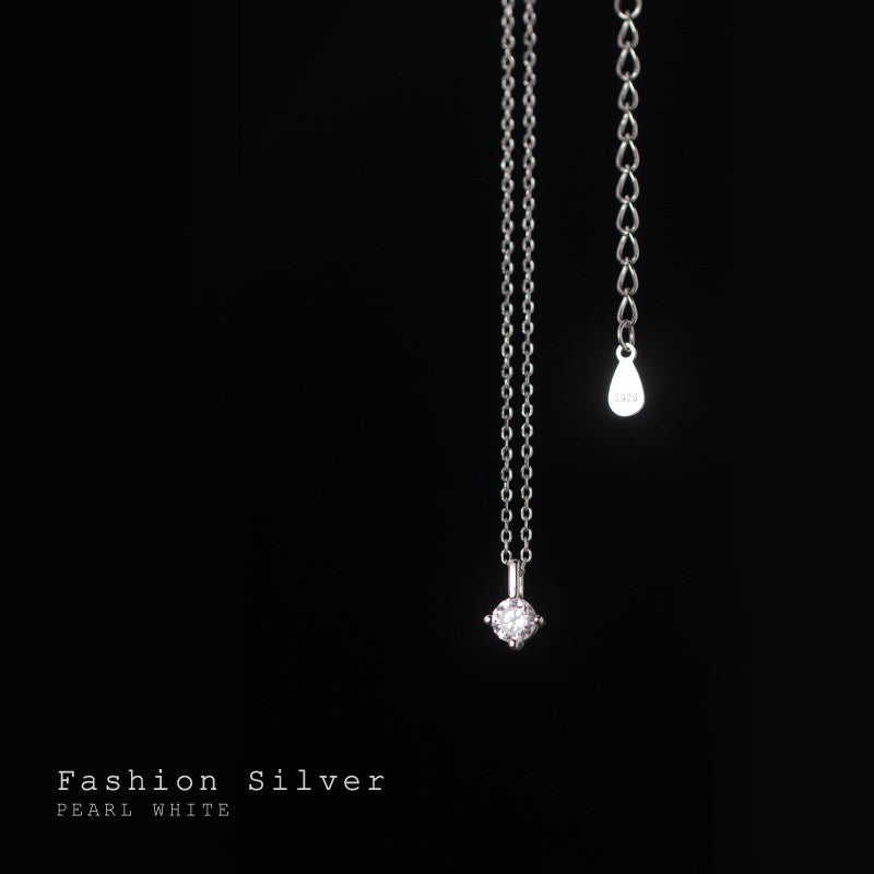 Sier Solitaire Simple Classic Style Clavicle Chain Diamond Inlaid Necklace