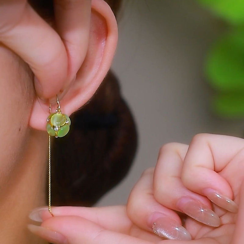 Green Opal Ball Tassel Temperament Long Rings
