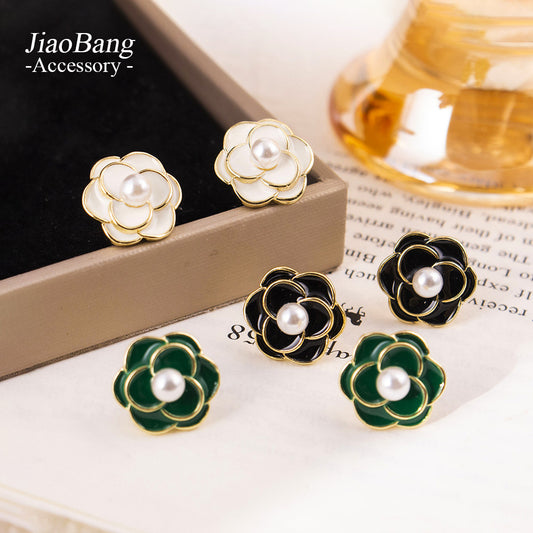 Women's Camellia Pearl Vintage Drop Oil Flower Elegant Graceful Stud Earrings