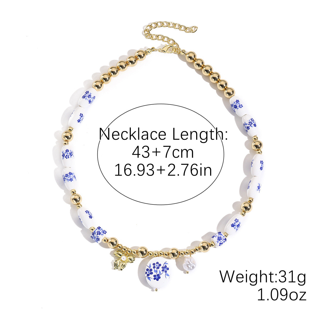 Mild Luxury Retro Beaded Ceramic Artistic Blue White Necklaces