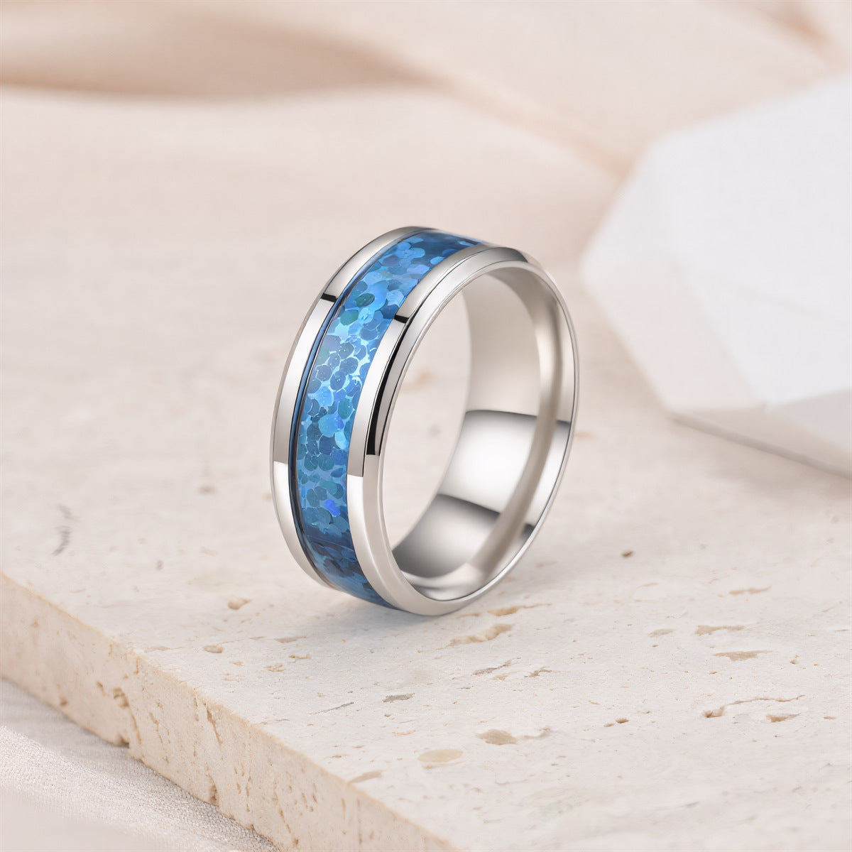 Women's & Men's Personality Deep Sea Blue Round Titanium Steel Ring