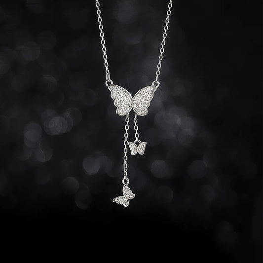 Women's Full Diamond Three Butterfly Tassel Design Sense Niche Style Light Necklaces