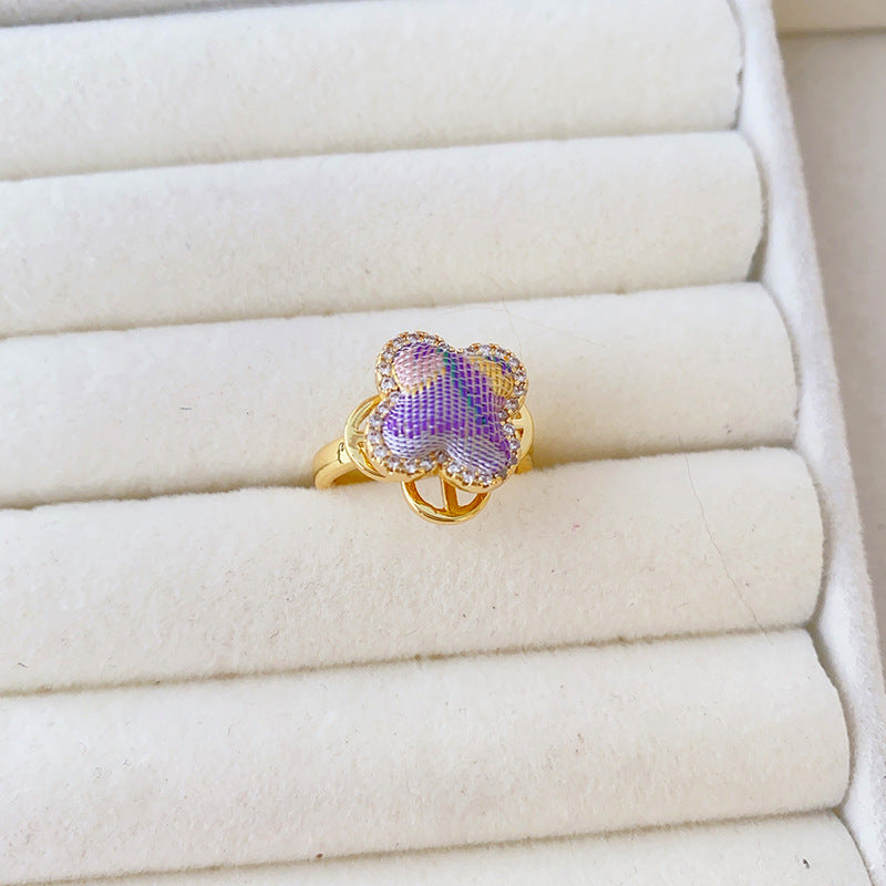 Style Song Dynasty Brocade Clover Rotatable Finished Delicate Rhinestone Copper Rings