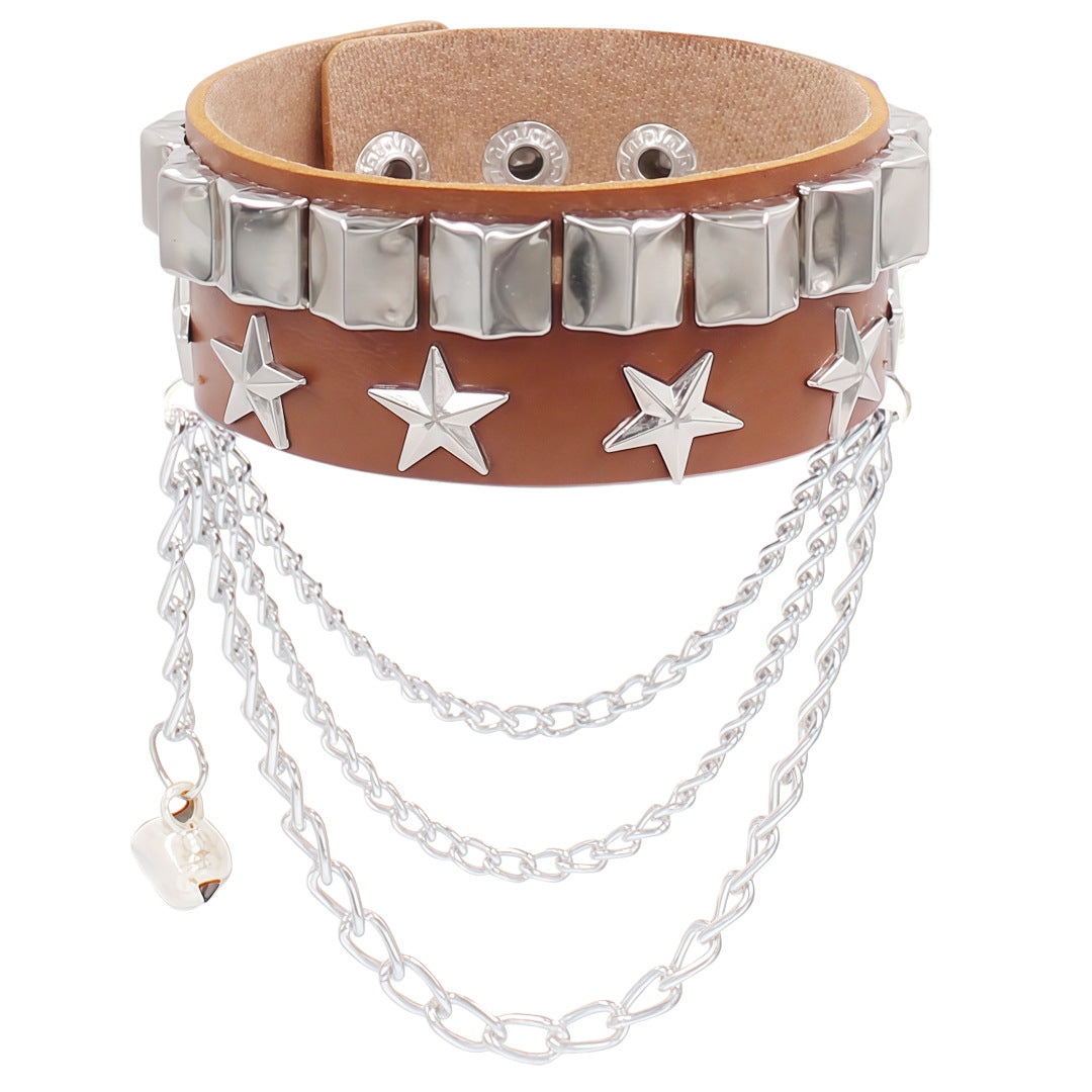 Leather Fashion Wide Rivet Punk Five-pointed Bracelet