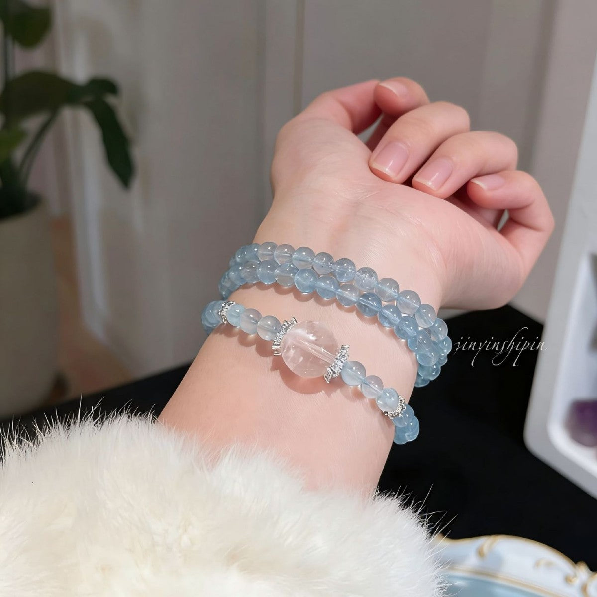 Three-ring Female Artificial White Chalcedony Business Fortune Light Bracelets