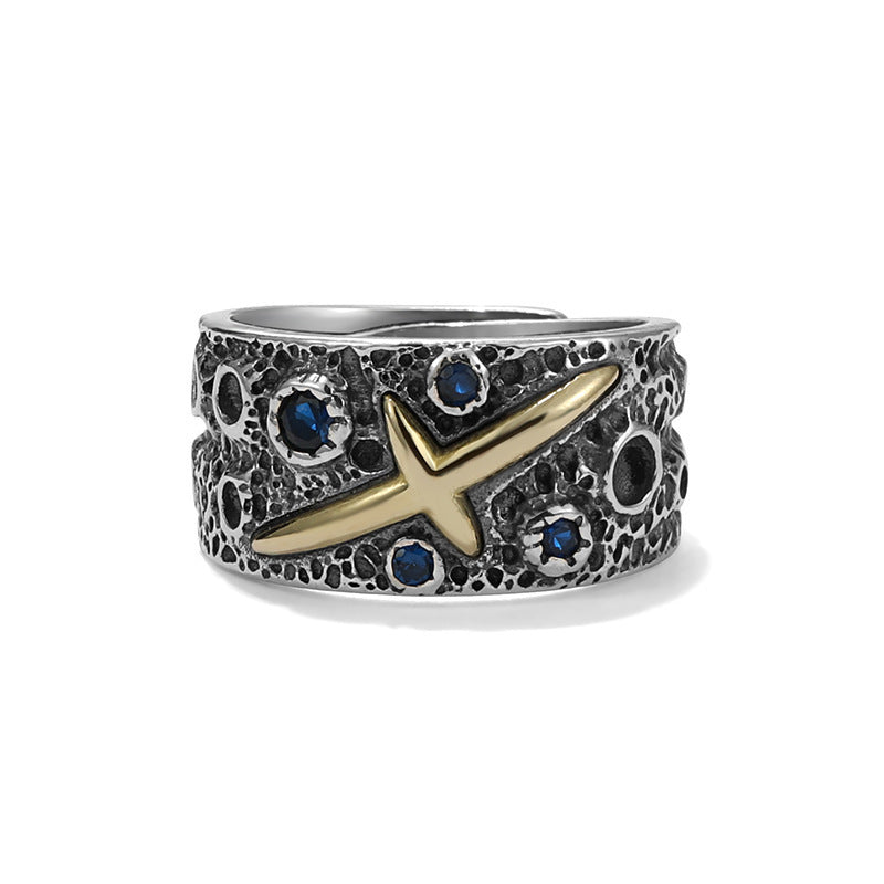 Cross Star Inlaid Blue Zirconium Open Starry Male Ring