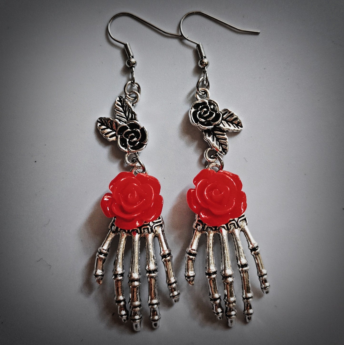Skull Hand Red Rose Gothic Handmade Eardrop Halloween Earrings