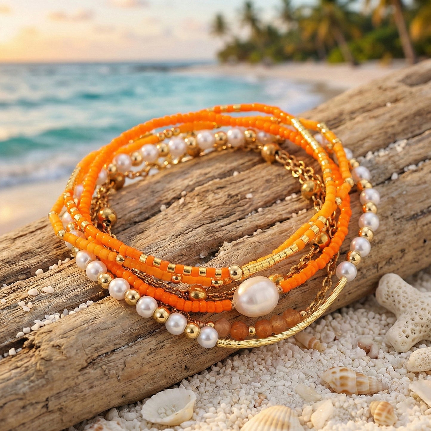 Summer Beach Style Orange Bead Pearl Twin Bracelet