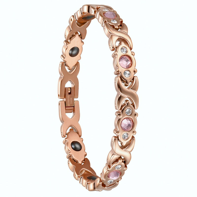 X-shaped Rose Gold Zircon Stainless Steel Titanium Gray Germanium Magnet Bracelet
