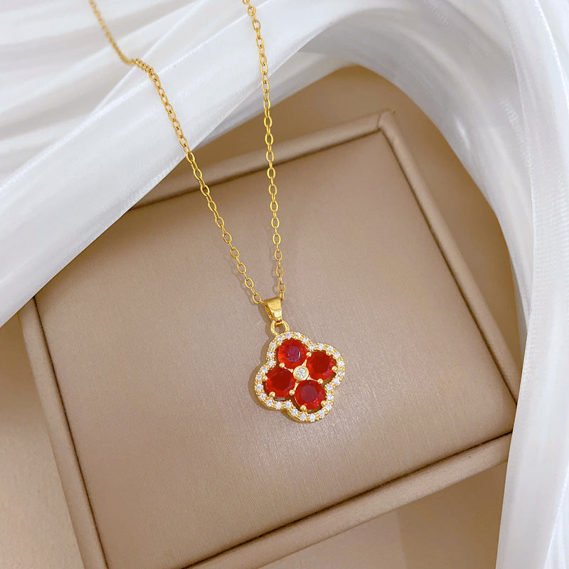 Steel Luxury Full Diamond Flower Micro Rhinestone Female Lucky Beads Necklace