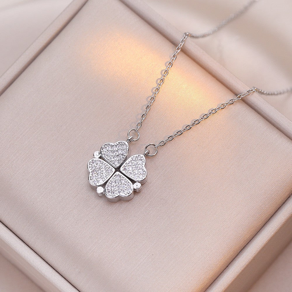Women's Steel Cross Chain Open Close Four-leaf Flower Necklace