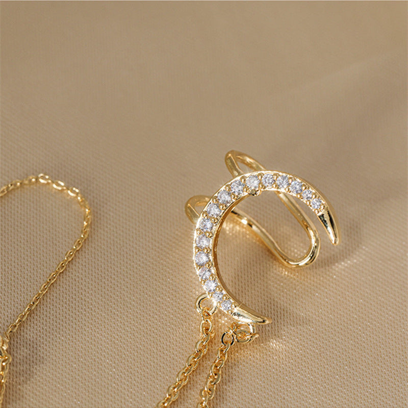 Diamond Fashion Star Moon Personality Tassel Ear Clip Stud Earrings