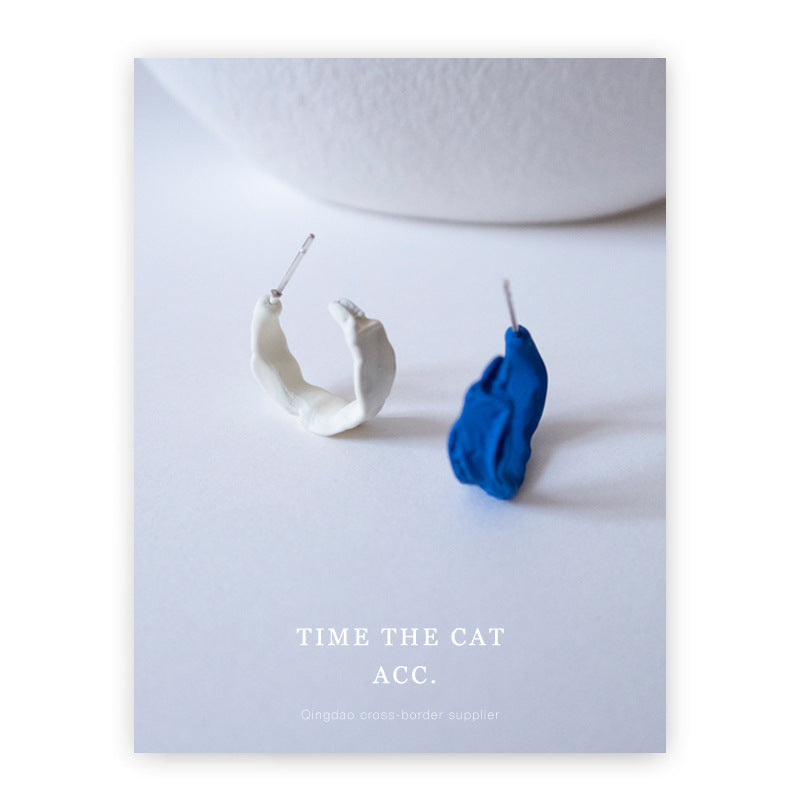 Klein Blue Series Sier Pin Personalized Pleated Geometric Word Stud Earrings
