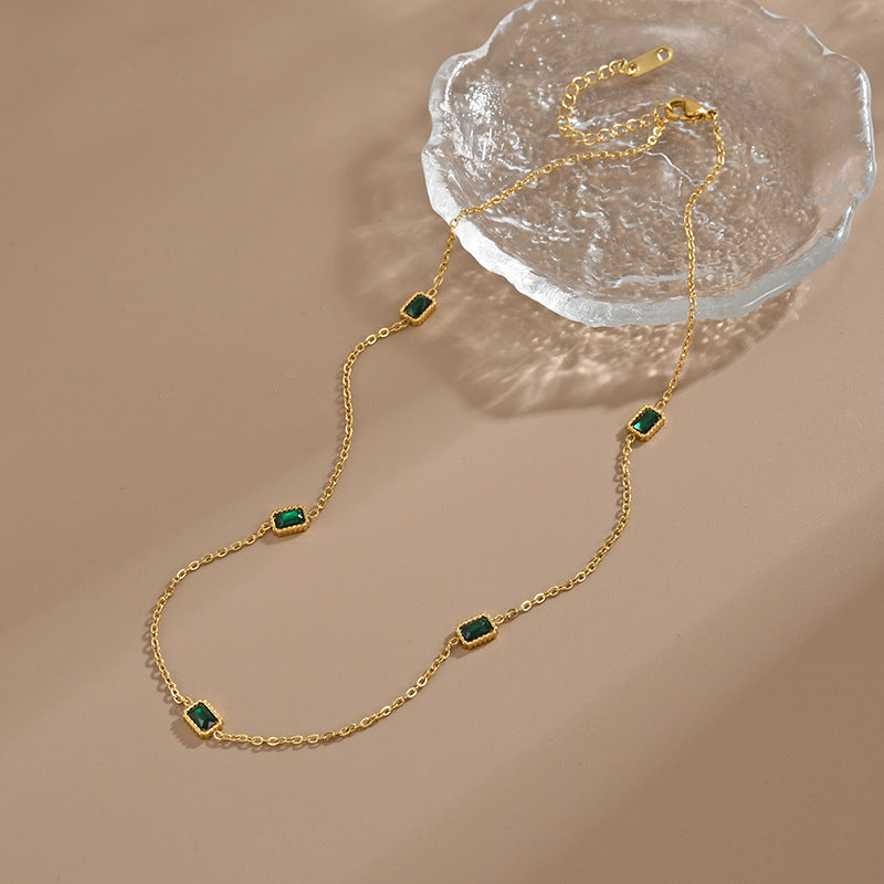 Steel Gold-plated Inlaid Emerald Zircon Female Necklaces