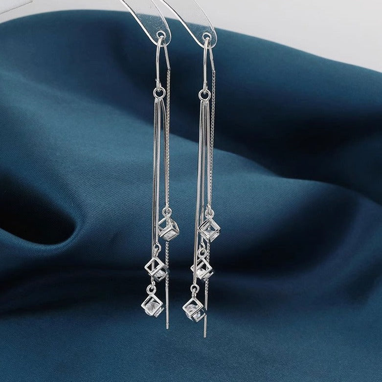 Cube Hook High-grade Zircon Square Tassel Simple Eardrops Ear Line