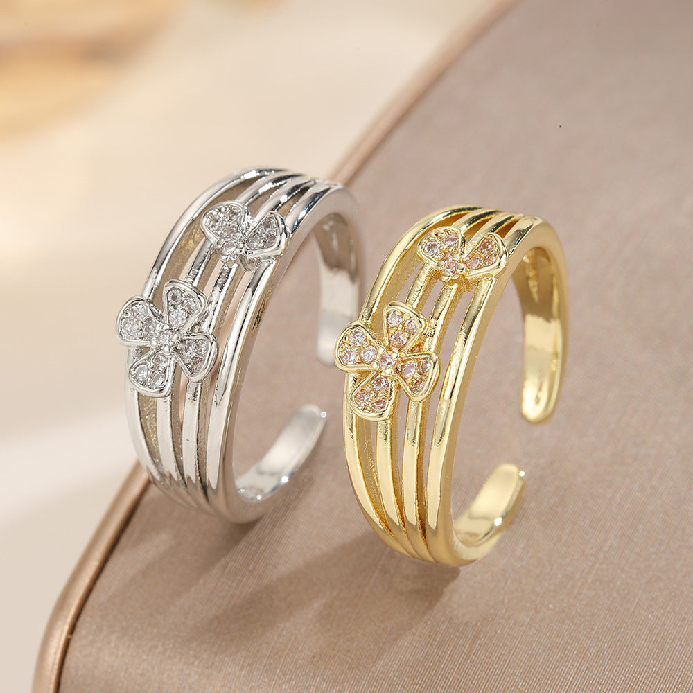 Women's Light Luxury Clover Open Copper Inlaid Zircon Niche Design Ring