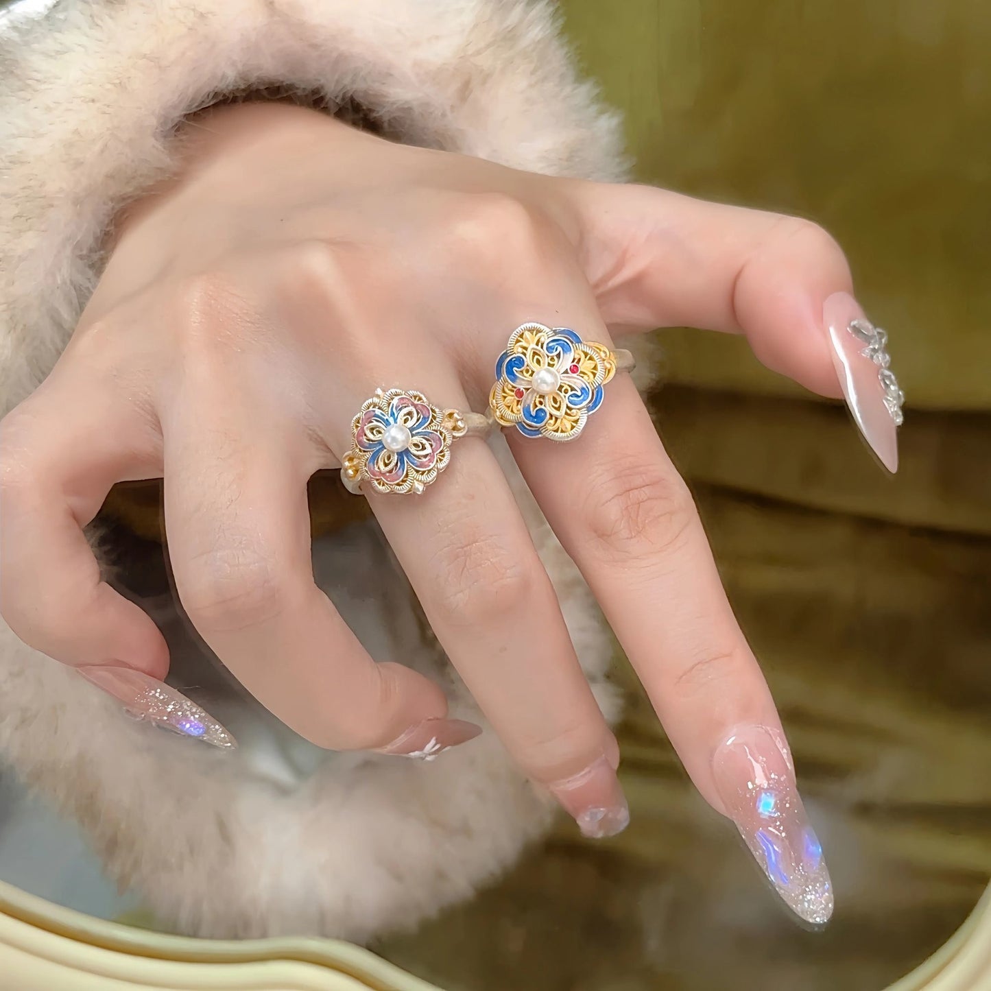 Female National Style Chinese Enamel Color Court Open Rings