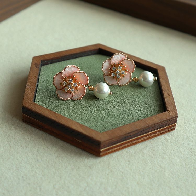 Spring Cherry Blossom Pink Handmade Filigree Veet Flower Sweet Trendy Earrings