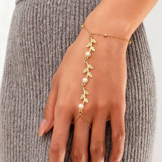 Leaves With Imitation Pearl Ornamental Tassel Bridal Bracelet