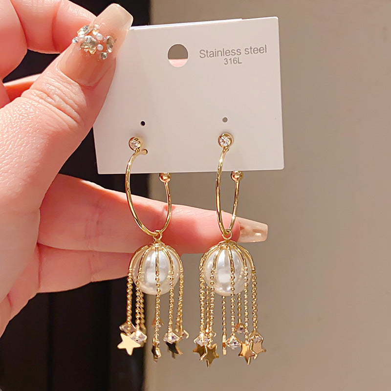 Sier Needle Retro Imitation Pearl Zircon Geometric Shaped Star Tassel Earrings