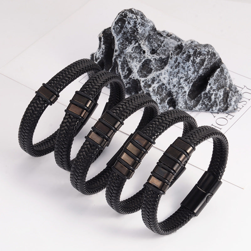 Men's Wristband Business Stainless Steel Leather Retro Style Bracelets