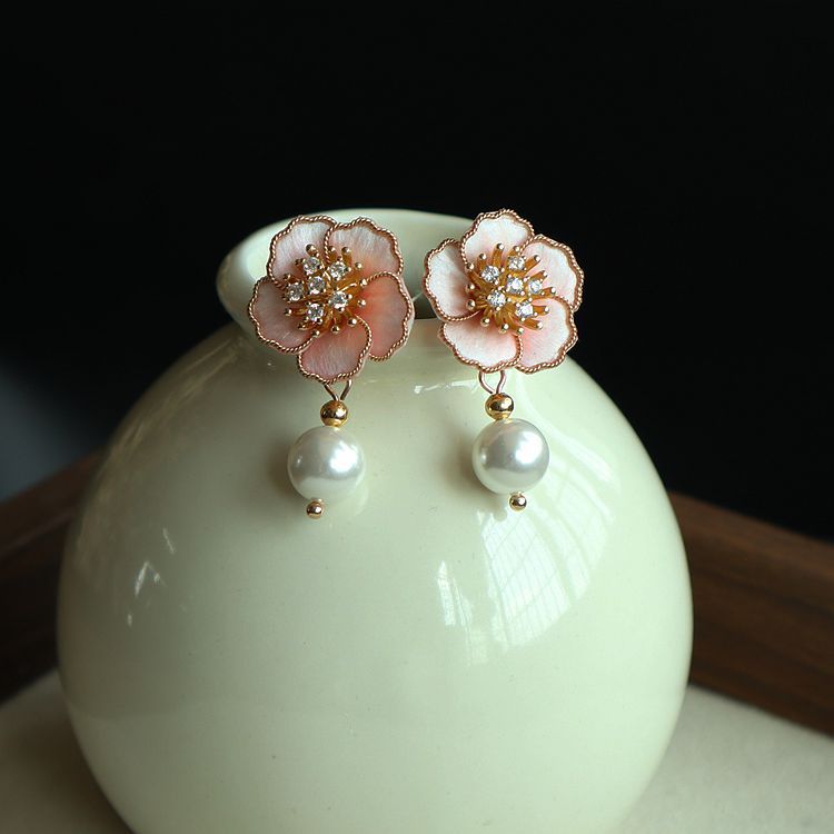 Spring Cherry Blossom Pink Handmade Filigree Veet Flower Sweet Trendy Earrings