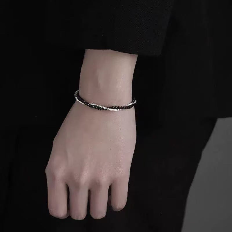 Men's Sier Winding Fashionable Personalized Cold Style Wind Black Beaded Bracelets