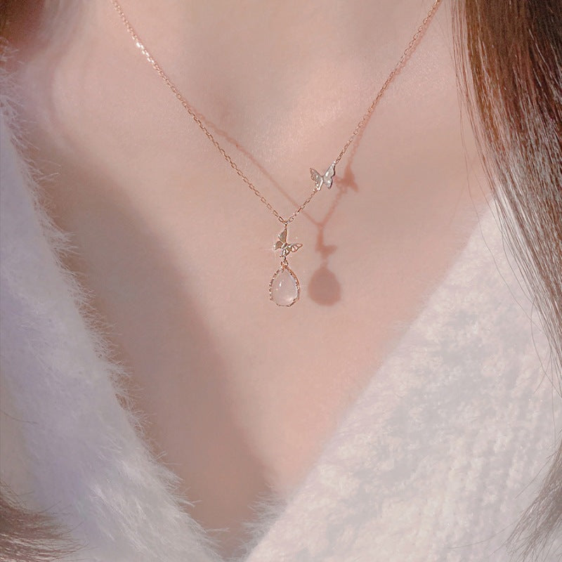 Women's Sterling Sier Butterfly Temperament Korean Style Sweater Chain Advanced Design Necklace