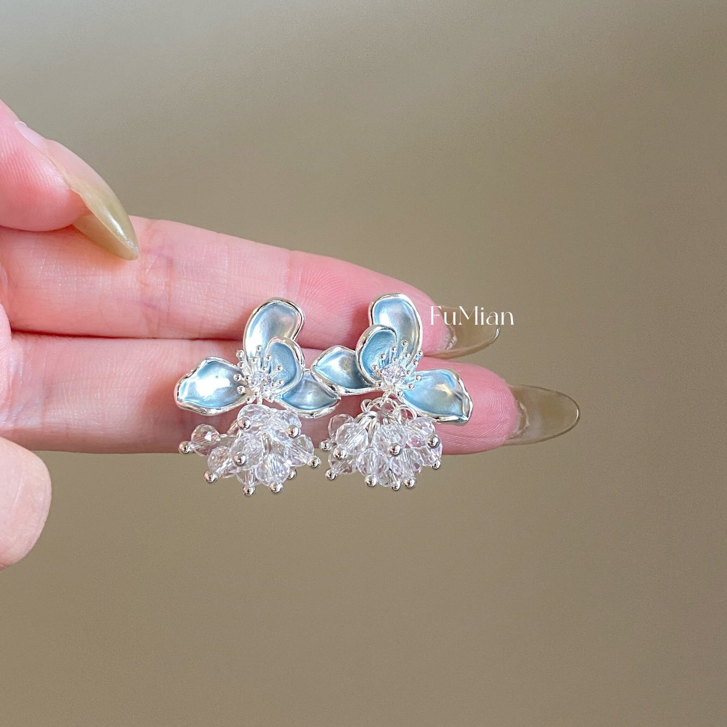 Women's Blue Drip Glazed Flower Crystal Tassel Exquisite Commuter High-grade Earrings