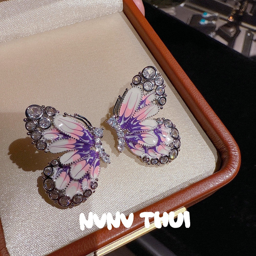 Fragrance Drip Glazed Butterfly Gem Rich Woman Colorful Flowers Rhinestone Earrings