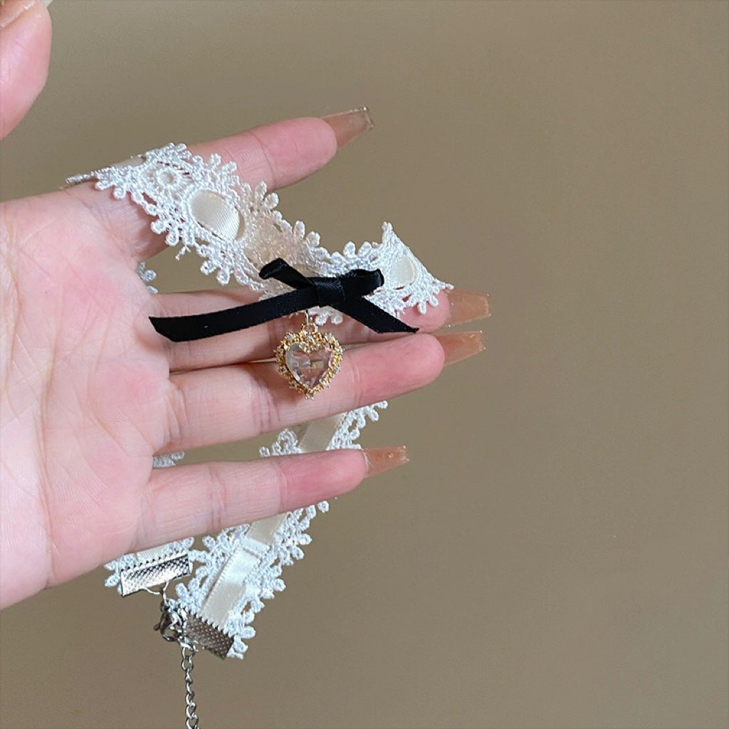Peach Lace Love Heart Bow Tie Niche Necklaces