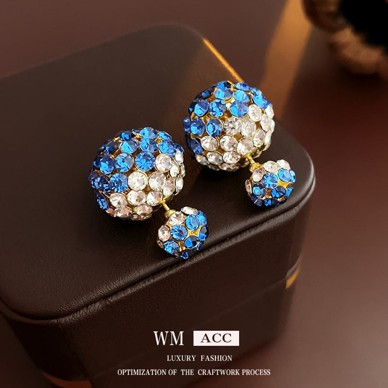 Women's Needle Blue Diamond Round Front Rear Two-way Exquisite Fashion Light Earrings