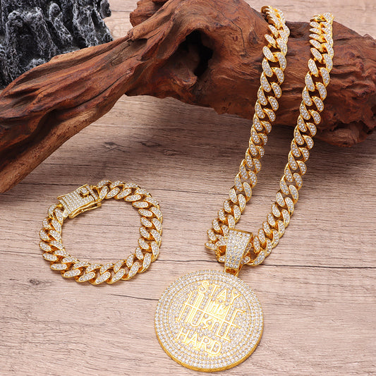 Men's Keep Strong Letter Round Plate Full Diamond Necklaces