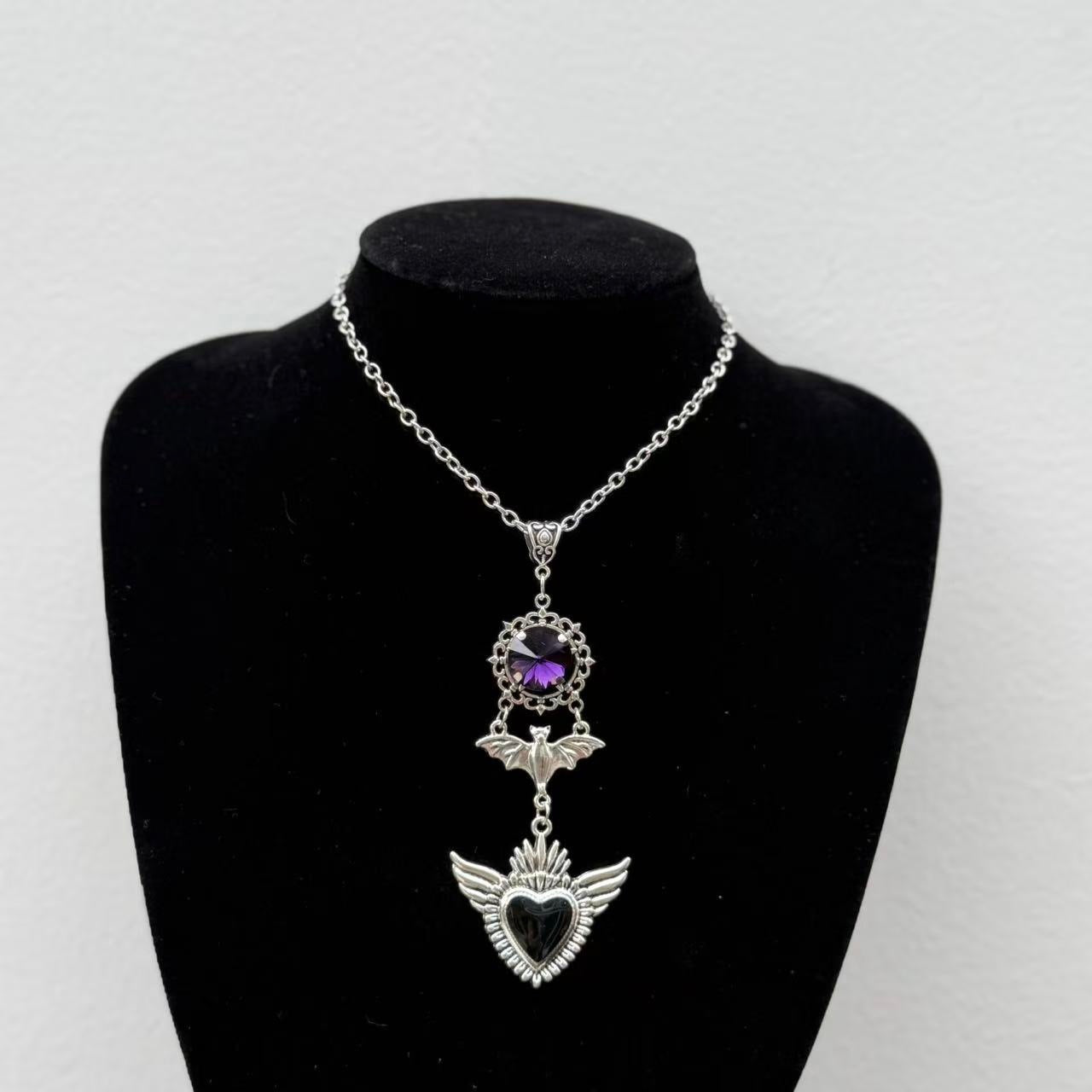 Dark Retro Black Love Wings Purple Gem Necklace