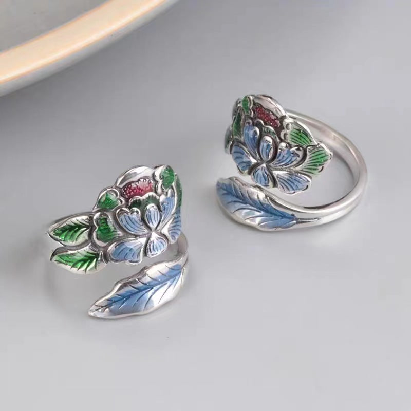 Women's Peony Enamel Open Niello Jewelry Lotus Rings