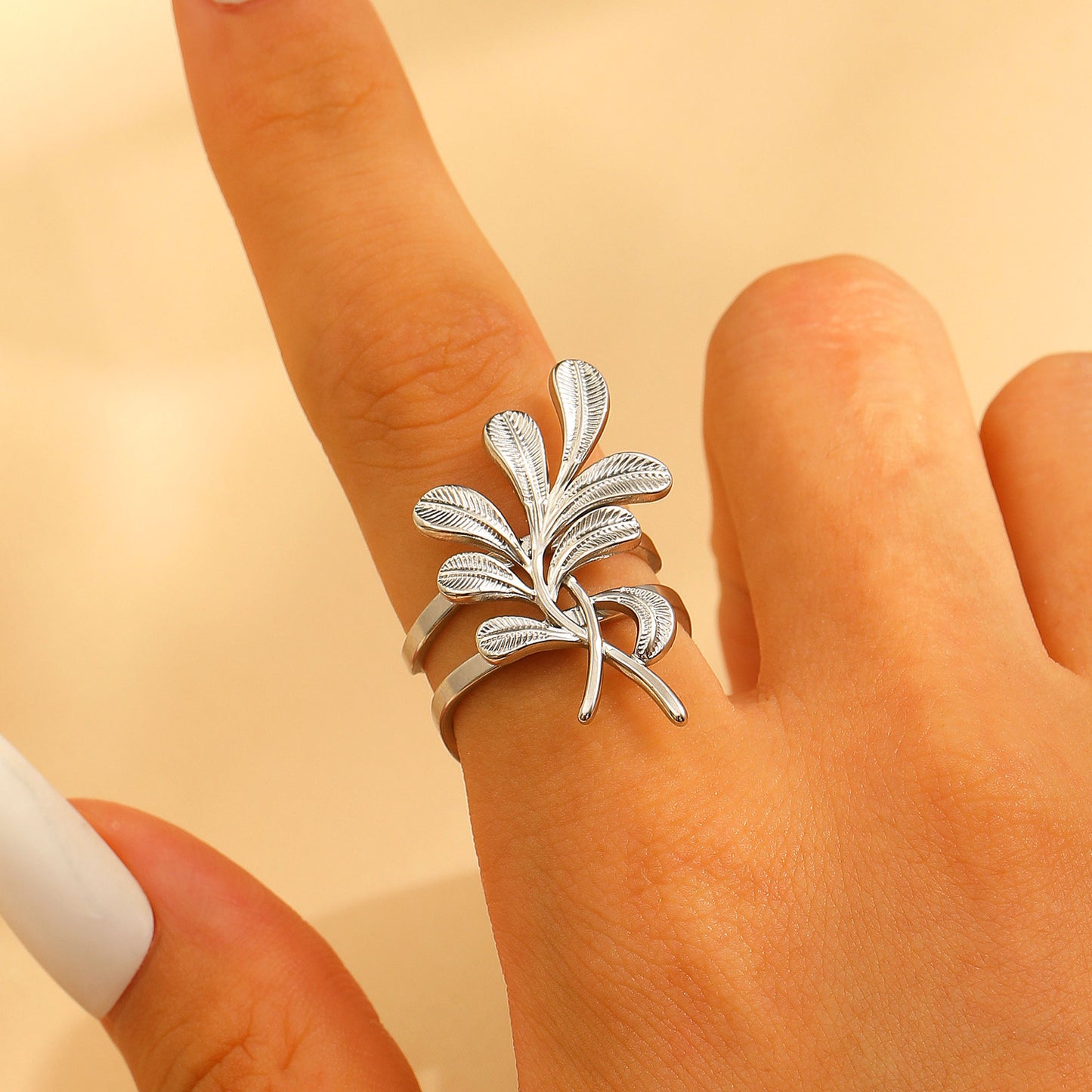 Steel Flower Leaf Female Exaggerated Personalized Hollow Ring