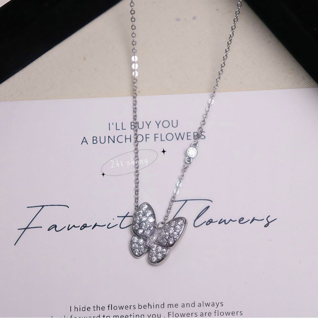 White Mother Shell Full Diamond Butterfly Light Luxury Sense Necklace