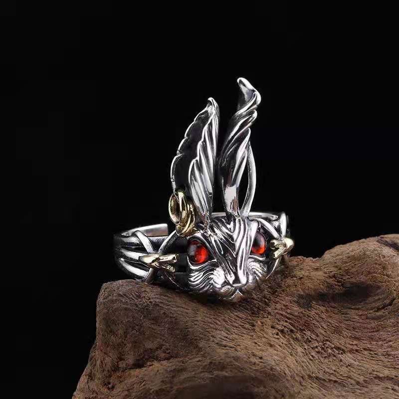 Retro Creative Crystal Fan Rabbit Big Ear Red Eye White Rings