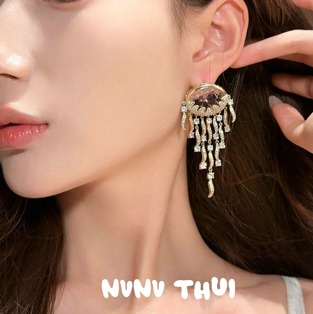 Pink Cloud Pattern Jellyfish Tassel Gem Rich Woman's Happy Egg-shaped Earrings