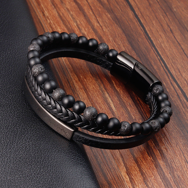 Men's Natural Stone Volcanic Rock Leather Stainless Bracelets