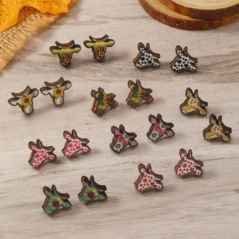 Head Wooden Simple Fashion Personality Cows Pattern Hat Leopard Earrings